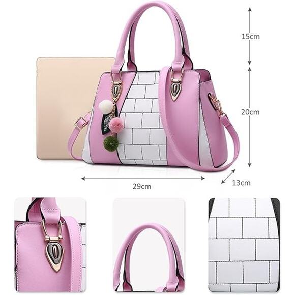 pink plaid fur ball pendant large capacity handbag - Picture 4 of 4